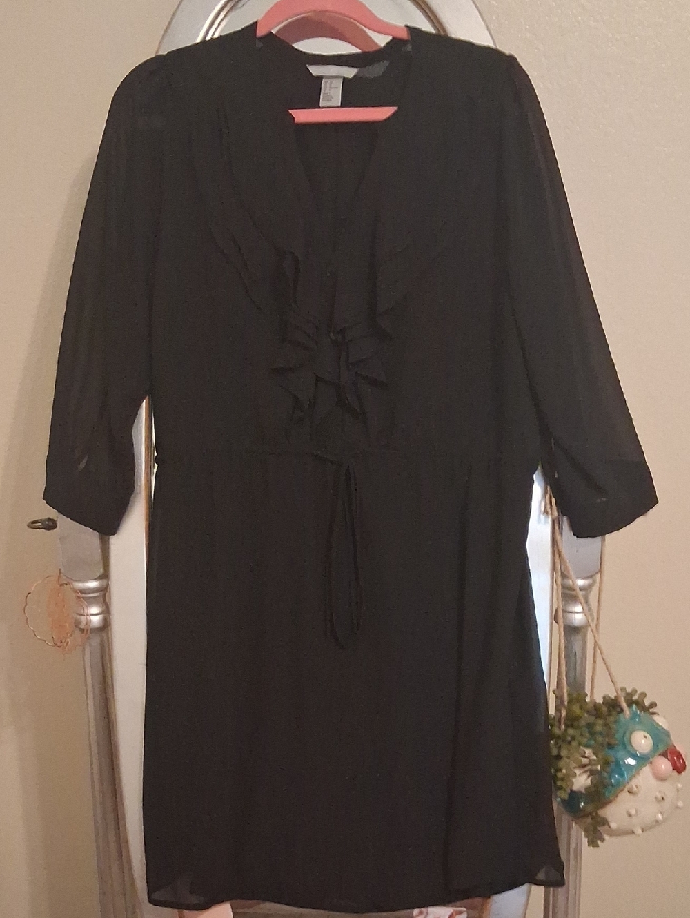 Black Ruffled V-neck Long Sleeve Dress